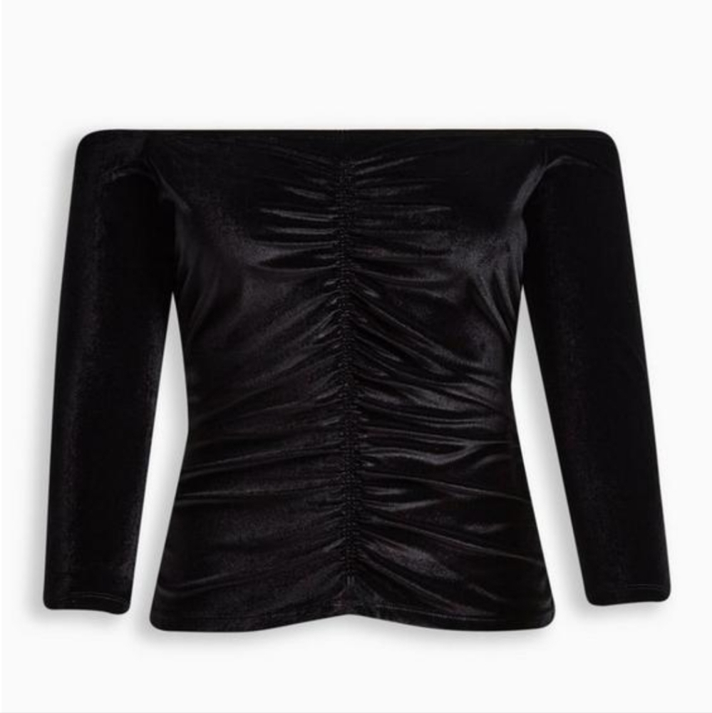 Stretch Velvet Shirred Front Off The Shoulder Top